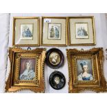 3 X VINTAGE FRAMED SILKS TOGETHER WITH A PAIR OF PORTRAIT MINIATURES + 2 VINTAGE OVAL FRAMED