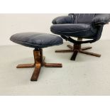 A NAVY BLUE LEATHER RELAXER CHAIR AND MATCHING FOOT STOOL