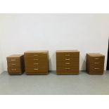 PAIR OF 4 DRAWER TEAK FINISH CHESTS + A MATCHING PAIR OF 3 DRAWER BEDSIDE CHESTS