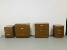 PAIR OF 4 DRAWER TEAK FINISH CHESTS + A MATCHING PAIR OF 3 DRAWER BEDSIDE CHESTS