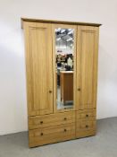 KINGSTOWN TOLEDO OAK FINISH 400RH GENTS THREE DOOR WARDROBE WITH FOUR DRAWER BASE AND MIRRORED