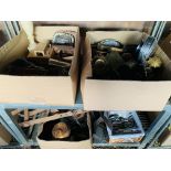 3 x BOXES OF ASSORTED METAL WARES TO INCLUDE BRASS DISHES, ONYX LAMP BASE, WOODEN CARTS,