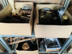 3 x BOXES OF ASSORTED METAL WARES TO INCLUDE BRASS DISHES, ONYX LAMP BASE, WOODEN CARTS,