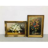 TWO LARGE FRAMED FLORAL STUDIES ON CANVAS EACH W 80CM. H 110CM.