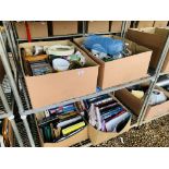 11 x BOXES OF ASSORTED HOUSEHOLD EFFECTS TO INCLUDE KITCHENWARE, ORNAMENTS, BOOKS, CD'S,