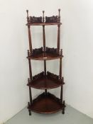A REPRODUCTION HARDWOOD FOUR TIER CORNER WOT-NOT