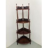 A REPRODUCTION HARDWOOD FOUR TIER CORNER WOT-NOT