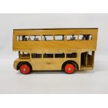A HAND CRAFTED WOODEN MODEL OF DOUBLE DECKER BUS - LENGTH 55CM. HEIGHT 30CM.