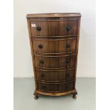 A SMALL REPRODUCTION BOW FRONTED CHEST OF FIVE DRAWERS. W 46CM. H 92CM. D 36CM.