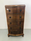 A SMALL REPRODUCTION BOW FRONTED CHEST OF FIVE DRAWERS. W 46CM. H 92CM. D 36CM.