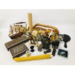 BOX OF MIXED COLLECTIBLES TO INCLUDE HORN SHIP, PEWTER TANKARD, HIP FLASK,