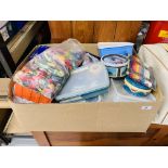 A BOX OF MIXED KNITTING & SEWING ACCESSORIES TO INCLUDE KNITTING NEEDLES, COTTON REELS, ETC.