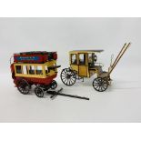 TWO WELL DETAILED AND HAND CRAFTED WOODEN MODELS OF HORSE DRAWN COACH AND HORSE DRAWN CARRIAGE