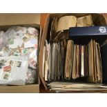 TWO BOXES STAMPS IN ALBUMS, LOOSE, COVERS,