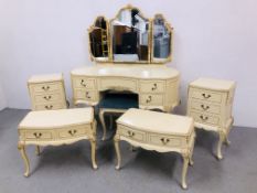 A SUITE OF CONTINENTAL STYLE BEDROOM FURNISHINGS TO INCLUDE DRESSING TABLE AND STOOL WITH TRIPLE