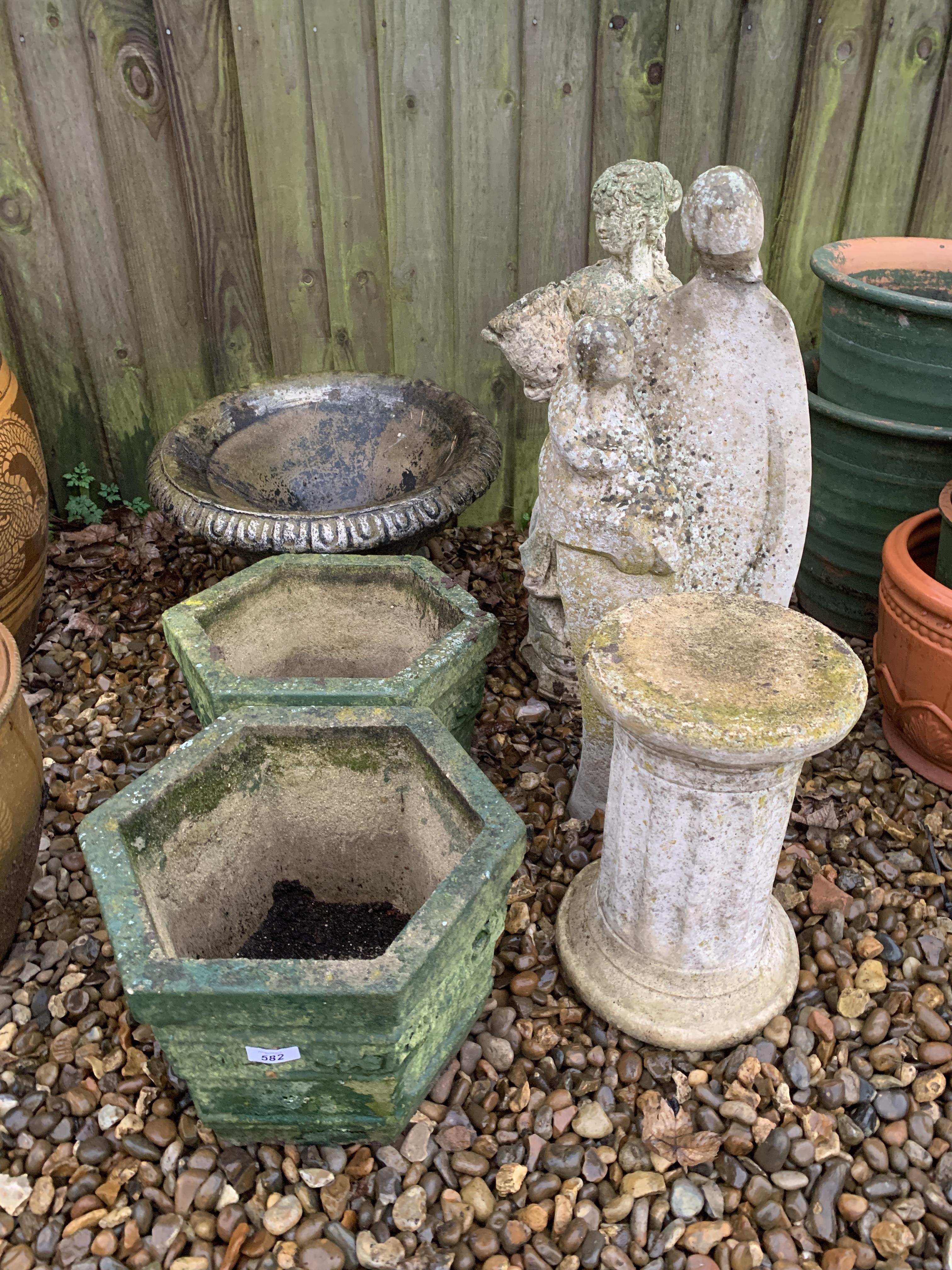 PAIR OF CONCRETE PLANTERS + 1 OTHER AND 2 CONCRETE GARDEN FIGURES INCLUDING MODERN DESIGN AND LADY