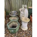 PAIR OF CONCRETE PLANTERS + 1 OTHER AND 2 CONCRETE GARDEN FIGURES INCLUDING MODERN DESIGN AND LADY
