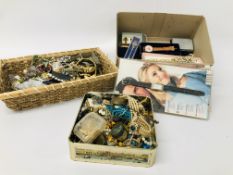 BOX AND A BASKET OF COSTUME JEWELLERY AND WATCHES TO INCLUDE BOXED JEWELLERY BEADS, CUFF LINKS,