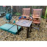 TWO HARDWOOD FOLDING GARDEN CHAIRS WITH CUSHIONS, A SMALL HARDWOOD GARDEN TABLE,