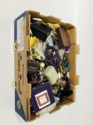 LARGE BOX OF ASSORTED COSTUME JEWELLERY TO INCLUDE BEADS, EARRINGS AND HAND MADE JEWELLERY ETC.