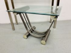 A STAINLESS STEEL DESIGNER SIDE TABLE WITH GLASS TOP LENGH 100cm HEIGHT 80cm DEPTH 35cm ALONG WITH