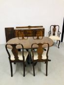 A WALNUT FINISH SUITE OF DINING FURNITURE TO INCLUDE TWIN PEDESTAL EXTENDING DINING TABLE WITH LEAF,