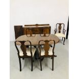 A WALNUT FINISH SUITE OF DINING FURNITURE TO INCLUDE TWIN PEDESTAL EXTENDING DINING TABLE WITH LEAF,