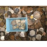 BOX OF ASSORTED COINAGE INCLUDING A FEW SILVER,