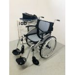 AN I-GO AIRREX LT FOLDING WHEELCHAIR WITH ACCESSORIES (SEAT WIDTH 20 INCH) AS NEW