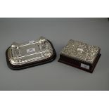 A silver topped decorative box, an Art Deco EPNS mounted desk stand