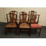 A harlequin set of six late 18th century oak side chairs, mostly of camel back type