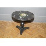 A Victorian snap top circular papier mache table with floral painted top, 81cm diameter