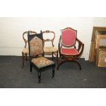 An Edwardian inlaid mahogany X frame chair, together with other chairs (4)