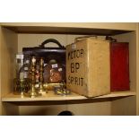 A 19th century brass cylinder coffee grinder, a pair of brass candlesticks, vintage brief case,