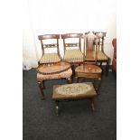An Edwardian inlaid mahogany kidney shaped two handle tray, valet chair stools, three Regency chairs