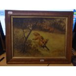 Fred Thomas Smith A fox evading the pursuing hounds in a wooded covert oil on canvas, signed and