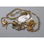A 9ct gold fetter and three pattern chain, a 9ct gold cable link chain, five various rings and a