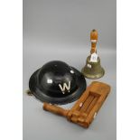 A collection of (1939/45) World War II ARP items, including a dated gas rattle, bell with hard