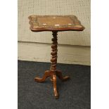 A Victorian cartouche topped pollarded oak and marquetry tripod table, on open barley twist