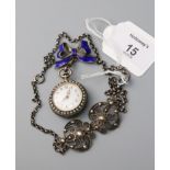 A lady's Swiss enamelled fob watch and fob, the circular white enamel dial with Arabic numerals, the