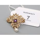 A gold amethyst and pearl pendant brooch, the Edwardian style open scrollwork brooch, with central