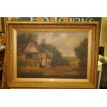 A Victorian scene of a rural cottage, with figures bidding farewell to a man on a heavy horse oil on