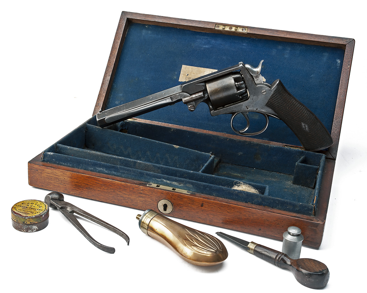 A CASED 54-BORE PERCUSSION FIVE-SHOT REVOLVER SIGNED PATENT, MODEL 'WEBLEY SOLID FRAME TYPE', serial