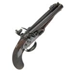 AN IMPRESSIVE 20-BORE FLINTLOCK DOUBLE-BARRELLED CARRIAGE-PISTOL WITH SPRUNG BAYONET SIGNED '