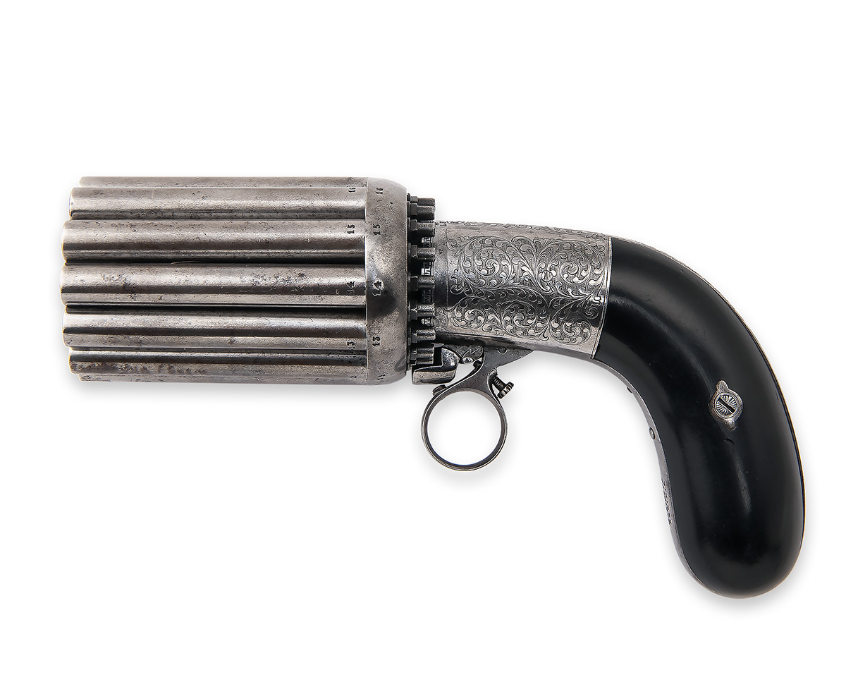 A RARE 140-BORE PERCUSSION EIGHTEEN-BARRELLED PEPPERBOX REVOLVER SIGNED 'L.F.', MODEL 'MARIETTE'S - Image 2 of 7