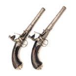 ROBERT HARVEY, LONDON A PAIR OF 18-BORE FLINTLOCK SILVER-MOUNTED PISTOLS, MODEL 'QUEEN ANNE', no