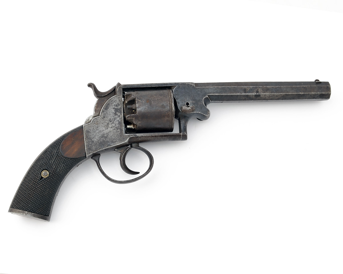 A 54-BORE PERCUSSION DOUBLE-ACTION REVOLVER SIGNED BROOKS, LONDON, MODEL 'WEBLEY'S WEDGE-FRAME', - Image 2 of 2