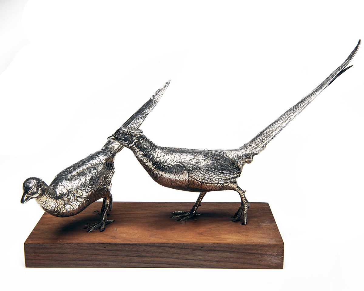 A BRACE OF CAST .925 SILVER PHEASANTS RETAILED BY ASPREY, with London silver import marks, circa