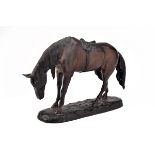 A BRONZE OF BARYE'S RIDERLESS RACE HORSE, measuring approx. 23in. x 13in. x 6in..