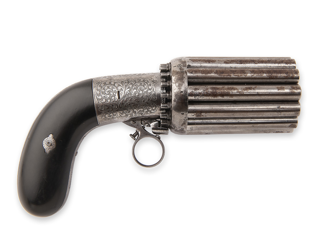 A RARE 140-BORE PERCUSSION EIGHTEEN-BARRELLED PEPPERBOX REVOLVER SIGNED 'L.F.', MODEL 'MARIETTE'S